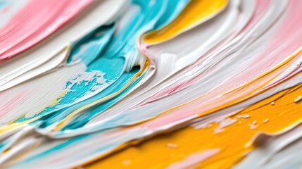 vibrant abstract artwork features swirling layers of pink, blue, yellow, and white paint, creating a textured appearance. dynamic colors blend harmoniously, showcasing artistic creativity