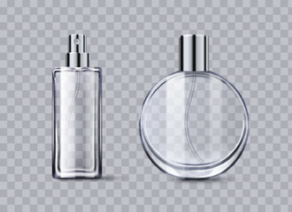 Fragrance glass containers set - rectangular spray flask with metallic atomizer and round vessel with silver cap on transparent backdrop. Empty crystal perfume packaging for cosmetic branding mockup.