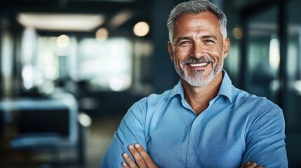 Fototapeta premium confident mature man with gray hair and a beard smiles while standing with arms crossed in a contemporary office environment. He exudes warmth and professionalism while engaged in conversation