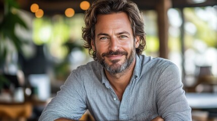 man with curly hair and a well-groomed beard is smiling warmly while seated at a cafe. Natural light filters through, creating a relaxed atmosphere perfect for socializing or enjoying a meal