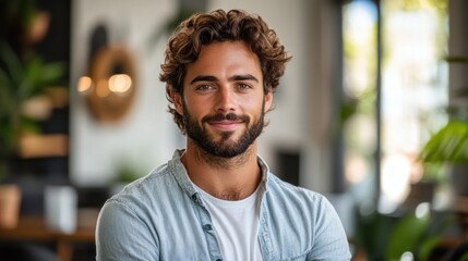 Fototapeta premium young man with curly hair and a beard stands confidently in a stylish indoor area filled with plants. Bright natural light enhances the inviting atmosphere, creating a warm setting