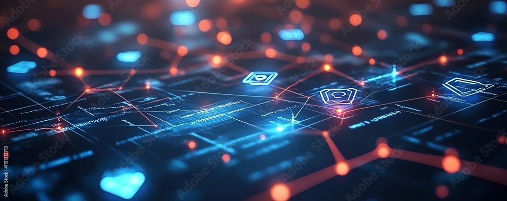 Poster a futuristic it security concept background with a network grid, binary code, and security shield ic