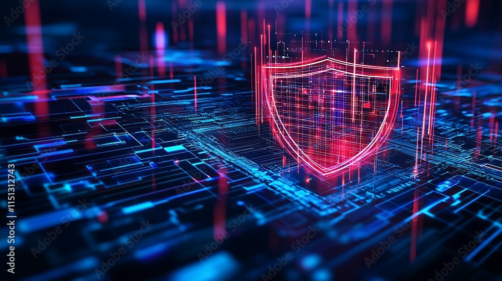 Poster abstract digital shield concept with binary data surrounding in a secure cyber environment