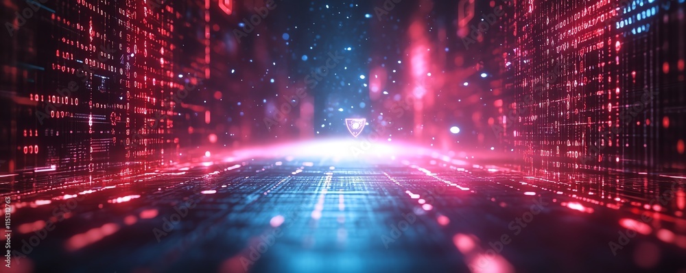 Poster a futuristic it security concept background with a network grid, binary code, and security shield ic