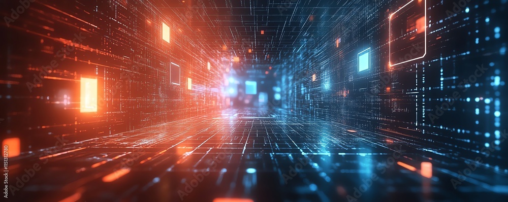 Poster a futuristic it security concept background with a network grid, binary code, and security shield ic