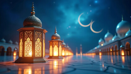 Fototapeta premium Lanterns stands in the desert at night sky, lantern islamic Mosque, glowing lights, dark blue background, Ramadan atmosphere