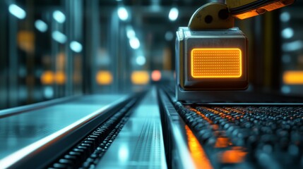 Robotic arm with sensor on automated production line.