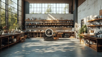 A bright pottery studio with a spinning wheel.