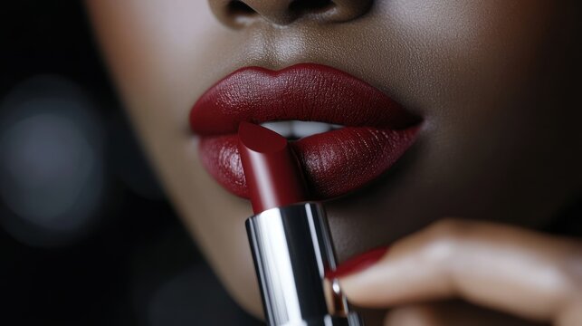 Close-up of a hand applying bold lipstick, showcasing perfect precision.