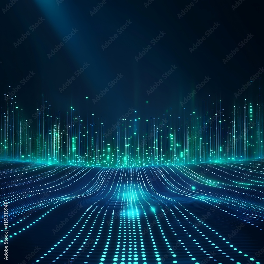 Poster Abstract Futuristic Background with Glowing Data Visualization and Waves of Light in Deep Blue and Green Tones