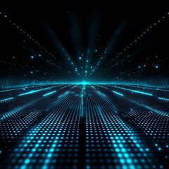 Abstract futuristic perspective of glowing dots and light beams in a dark space environment