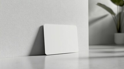 Modern 3d render business card mockup design featuring blank minimalist horizontal us size 90x50mm name card with rounded corners, clean and professional brand identity template leaning against a wall