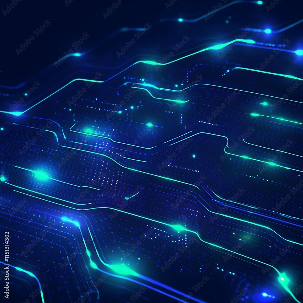 Poster abstract technological background with glowing lines and circuit patterns in a dark color scheme