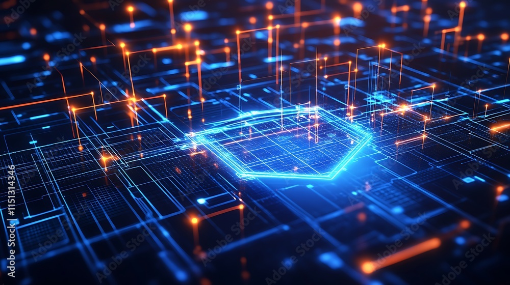 Poster abstract technology background with glowing lines and data blocks in a digital space environment
