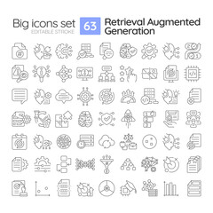 RAG linear icons set. Retrieval augmented generation in data processing. Content making AI instruments. Customizable thin line symbols. Isolated vector outline illustrations. Editable stroke