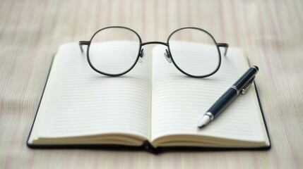Modern workspace scene featuring a blank notebook, pen, and glasses on a professional desk for business meetings, note-taking, and creative planning