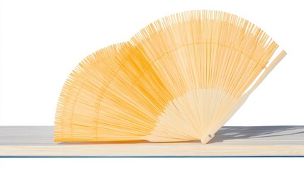 A delicate, folded fan made of thin, light-colored material, gracefully displayed on a flat surface.