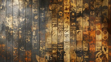 Rustic wooden wall with ancient symbols and writings.