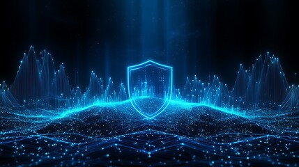 Cybersecurity Concept with Shield Over Digital Landscape and Glowing Data Particles in Dark Background