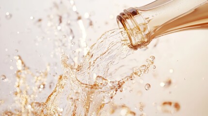 A champagne bottle being opened with a splash, isolated on a light background. Photorealistic, high-resolution photography with detailed skin texture, natural colors, professional color grading
