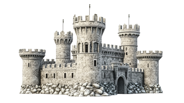 Medieval Stone Castle Fortress Towers, Walls, and Gate