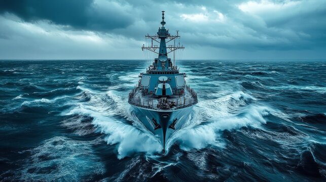 British naval destroyer in stormy sea.