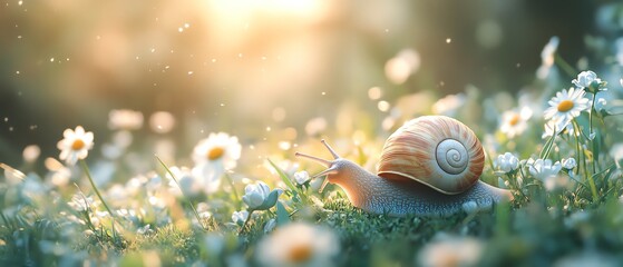 A snail on a patch of fresh grass, its delicate slimy trail visible, surrounded by soft, green blades and natural elements like small flowers and leaves