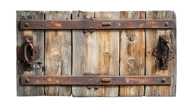Rustic Weathered Wooden Door with Antique Iron Hinges and Latches