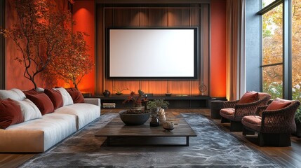 Contemporary living room with a blank TV screen