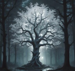 Illustration of lonely glowing white tree.