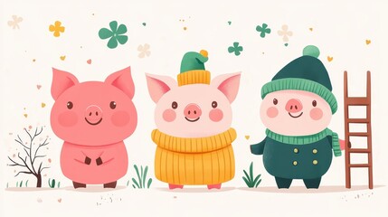 Fototapeta premium wallpaper with illustrations of German New Year icons: a pig, a sprig of green clover, and a chimney sweep wearing a black top hat. Plenty of negative space is left for text placement