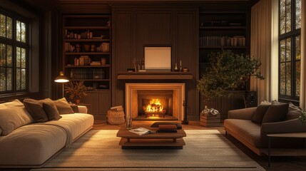 Cozy living room with a warm fireplace, plush furniture, and soft lighting, creating an inviting atmosphere for relaxation.
