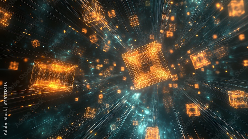 Poster abstract glowing digital cubes in a dynamic with futuristic space for representing data technology e