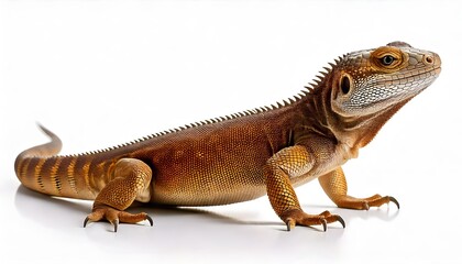 Obraz premium Lizard on white background and showcasing detailed scales, natural texture and symbol of resilience and adaptability