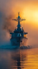 German frigate in fog at sunset.