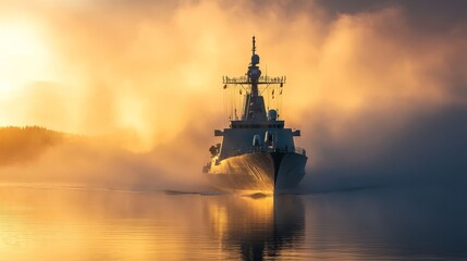 Naval frigate in foggy waters.