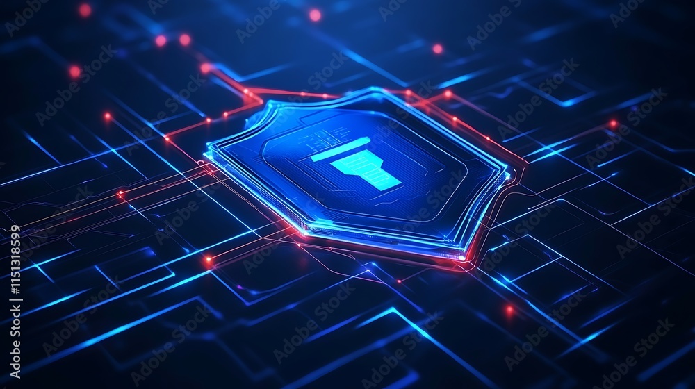 Poster digital shield cybersecurity concept with glowing circuit patterns and futuristic design