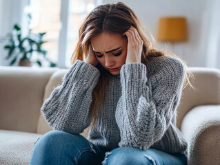 Caucasian young female experiencing stress at home in cozy living room