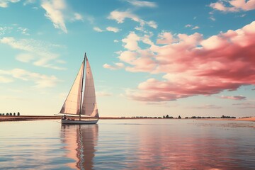 Fototapeta premium Sailboat on calm water at sunset.