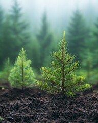 A closeup of lush green pine trees growing from the earth, with rich soil and fresh green needles standing out against a soft, misty forest background