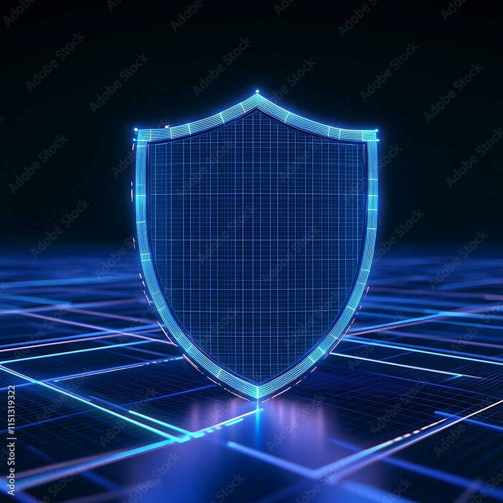 Poster digital shield icon representing cybersecurity and protection in virtual space with glowing lines