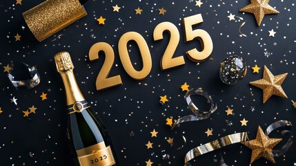 New Year Celebration 2025: Golden Decorations, Champagne Bottle, Glittering Stars, and Festive Confetti on Black Background