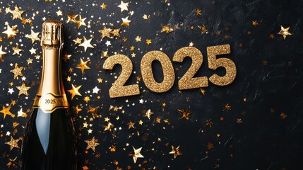 New Year Celebration 2025: Golden Decorations, Champagne Bottle, Glittering Stars, and Festive Confetti on Black Background