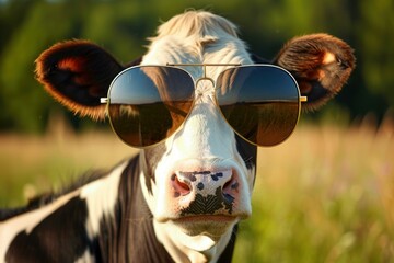 Funny cow wearing sunglasses is posing in a field during a sunny summer day