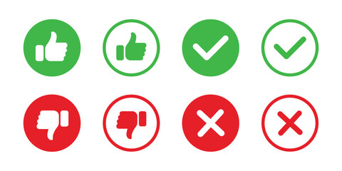 Thumb up and thumb down sign. Check mark and cross mark icon set. Like and dislike symbols set in green and red circles.