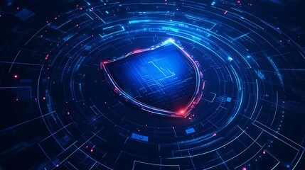 Obraz premium Digital Shield Representation in Cybersecurity Concept with Blue and Red Light Effects in a Futuristic Setting