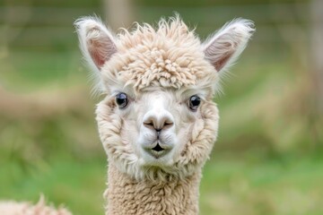 Naklejka premium Close up of a fluffy alpaca with its mouth open, revealing its teeth, in a vibrant green field