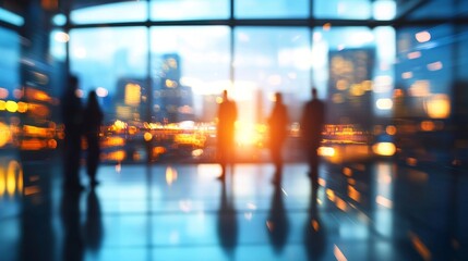 Modern business office interior with panoramic windows, elegant lighting, and blurred view of professional businesspeople in a collaborative workspace for contemporary corporate environment themes