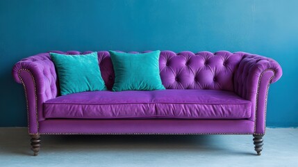 Elegant Purple Velvet Sofa with Teal Pillows against a Teal Wall: Interior Design Inspiration