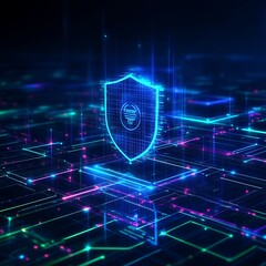 Digital Shield Symbol Representing Cybersecurity and Protection in a High-Tech Network Environment